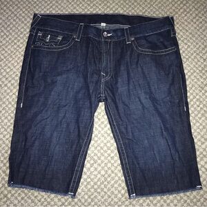 True Religion World Tour Blue Denim Straight Cut Off Short w/ Flap Men's size 42